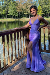 Lilac Mermaid Spaghetti Straps Floor Length Prom Dresses With Slit